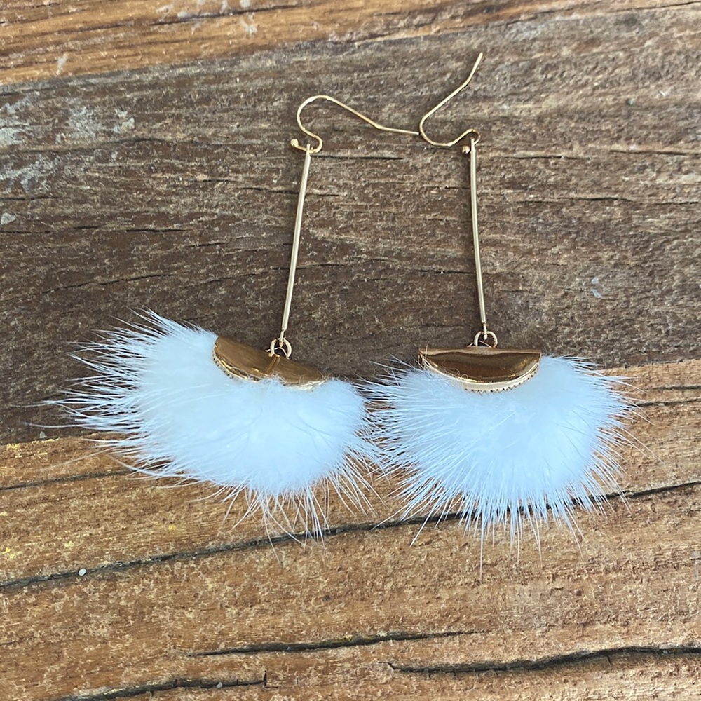 Dangle earrings, white fluffy gold tone